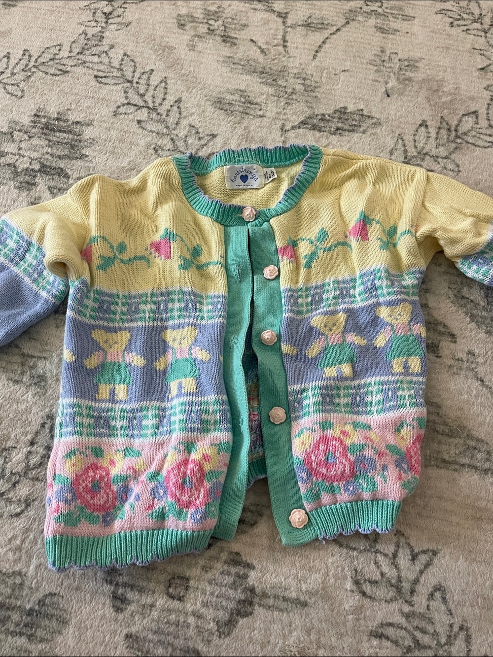 Heartstrings 6x vintage Pastel Floral & Bear Knit Cardigan - Yellow and Mint